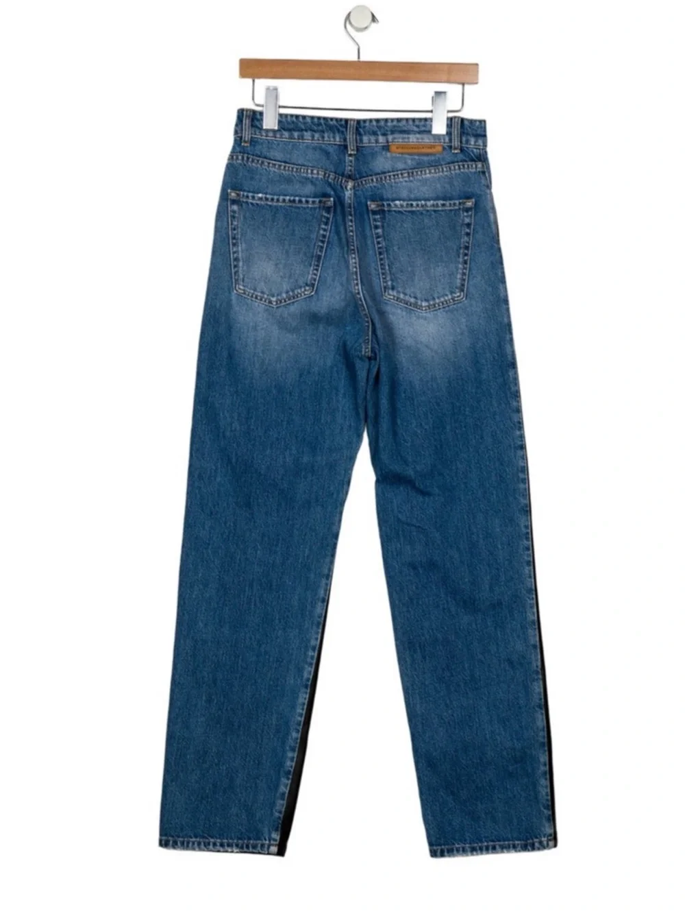 Stella McCartney Black Leather and Blue Denim Two-Tone Straight Jeans - Picture 2 of 4
